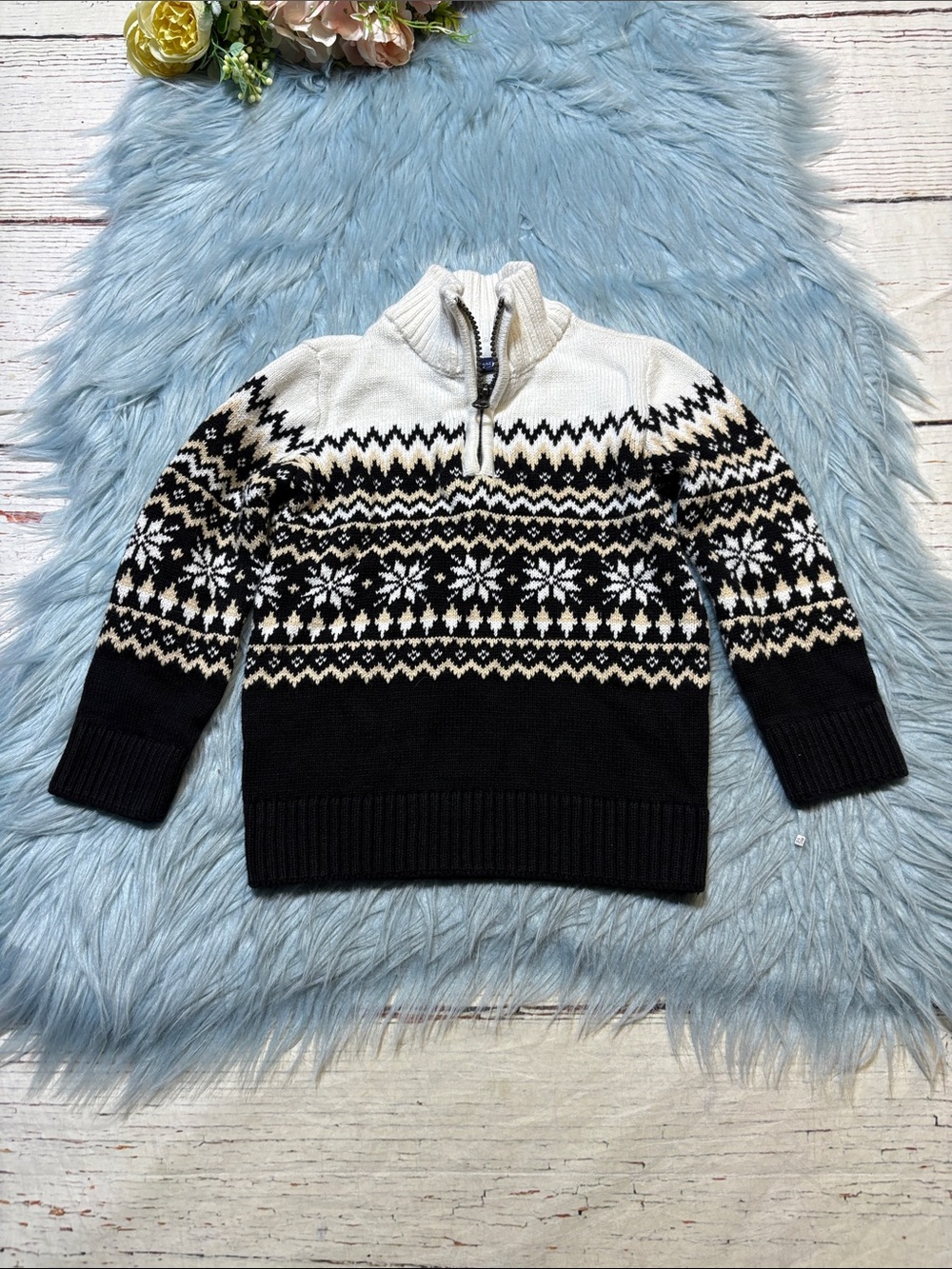 The Childrenโs Place Half-Zip Fair Isle Knit Pullover Sweater - Black & White 3T